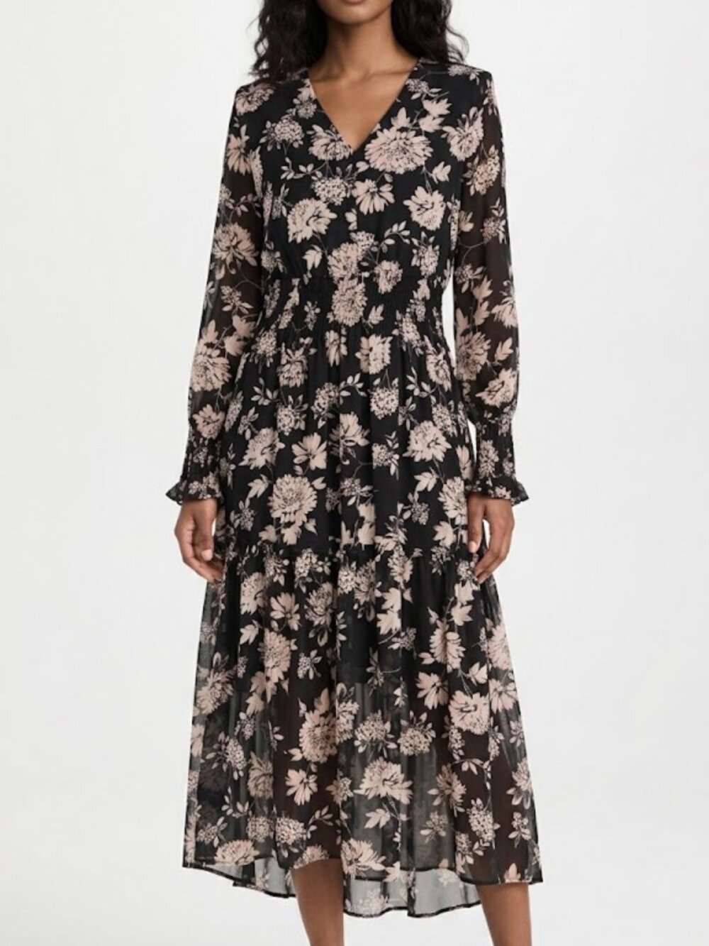 Taylor Long Sleeve Floral Chiffon V-Neck Pleated Dress